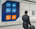 Passenger walks past sign prior to immigration control pass a sign pointing towards queues for UK, EU and Non-EU