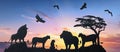 Generic silhouette of African Lions with a sunsetting background Royalty Free Stock Photo