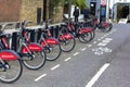 London, Great Britain. April 12, 2019. Kensington street. Hire bikes in London with Santander Cycles.