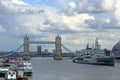 London, Great Britain -May 23, 2016: Pleasure boats, Belfast Museum Ship on the River Thames near Tower Bridge Royalty Free Stock Photo