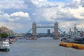 London, Great Britain -May 23, 2016: Pleasure boats, Belfast Museum Ship on the River Thames near Tower Bridge Royalty Free Stock Photo
