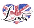 London hand lettering sign with grunge united kingdom flag in shape of heart, isolated on white background vector Illustration Royalty Free Stock Photo