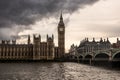 London, UK - The Houses Of Parliament, The Big Ben And Westminster Bridge Under Dark Clouds
