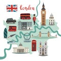 London illustrated map vector. Abstract colorful atlas poster