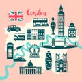 London illustrated map vector. Skyline silhouette Illustration, pink and gray color Royalty Free Stock Photo