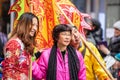 London, January 26, 2020. Members of parade in London Chinatown. Chinese New Year Celebrations. Selective focus Royalty Free Stock Photo