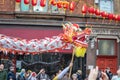 London, January 26, 2020. Members of parade in London Chinatown. Chinese New Year Celebrations. Selective focus Royalty Free Stock Photo