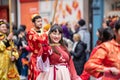 London, January 26, 2020. Members of parade in London Chinatown. Chinese New Year Celebrations. Selective focus Royalty Free Stock Photo