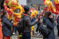 London, January 26, 2020. Members of parade in London Chinatown. Chinese New Year Celebrations. Selective focus Royalty Free Stock Photo