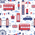 London landmarks seamless pattern. Vector flat cartoon illustration. Great Britain national symbols Royalty Free Stock Photo