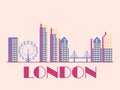 London landscape in vintage style. London retro banner with bridge and ferris wheel in linear style. Design of printing, posters