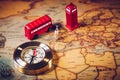 London map with Big Ben, double decker bus in miniature and compass, travel concept. England, UK Royalty Free Stock Photo
