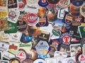 LONDON - MAR 2020: Drink coasters of many beer brands Royalty Free Stock Photo