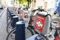 LONDON - MAY, 2017: A row of city bikes, available for hire in the City of London, detail