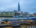 London - May 3, 2019: view from the Thames - The Shard London Bridge and HMS Belfast