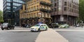 London Metropolitan police cars at high speed with lights flashing on street Royalty Free Stock Photo