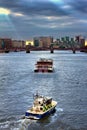 London, Metropolitan Police Marine Policing Unit on the River Thames, London on the background sunrise sunset light