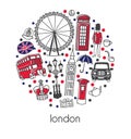 London. Modern vector illustration with famous english symbols and attractions with red, blue, black dots in a circle composition Royalty Free Stock Photo