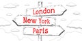 London, New York, Paris - outline signpost with three arrows