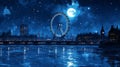 London Night Scene with Ferris Wheel and Bright Moon Royalty Free Stock Photo