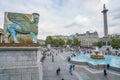 London - October 4, 2019: Lamassu on Trafalgar Square - sculpture of cans of Iraqi syrup