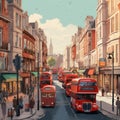 A London painting of double decker buses on a city street Royalty Free Stock Photo