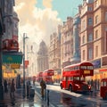 A London painting of double decker buses on a city street Royalty Free Stock Photo