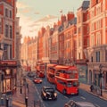 A London painting of double decker buses on a city street Royalty Free Stock Photo