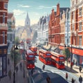 A London painting of double decker buses on a city street Royalty Free Stock Photo