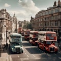 A London painting of double decker buses on a city street Royalty Free Stock Photo