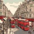 A London painting of double decker buses on a city street Royalty Free Stock Photo