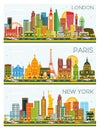 London, Paris, New York Skyline with Color Buildings and Blue Sk Royalty Free Stock Photo