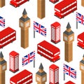 London pattern seamless. United Kingdom background. Landmark of London set icon. Red doubledecker and phone booth. UK flag and Big Royalty Free Stock Photo