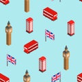 London pattern seamless. United Kingdom background. Landmark of London set icon. Red doubledecker and phone booth. UK flag and Big Royalty Free Stock Photo