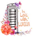 London phone booth with watercolor flowers