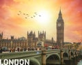 London - a picture of Westminster bridge, the house of parliament and big ben Royalty Free Stock Photo