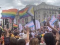 Gay activists with LGBT flags at the Pride parade in London , England 2023