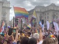 Gay activists with LGBT flags at the Pride parade in London , England 2023