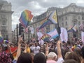 Gay activists with LGBT flags at the Pride parade in London , England 2023