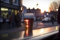 London pub outdoors, pint of beer, riverside on sunset, AI generative