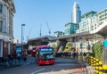 London - 2019: Red bus on the street near the bus stop