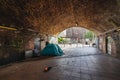 London`s busy area, popular destination empty as people self isolate during COVID-19 coronavirus pandemic. Homeless tent under th