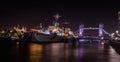 London`s HMS Belfast, Tower Bridge and Tower of London at night