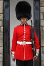 London's Queen Guard in Red Uniform Standing at His Post