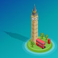 London. Set of detailed isometric vector. Big Ben, double decker bus and red kiosk. Royalty Free Stock Photo