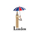 London sign hand lettering. British jack flag colored umbrella and Big Ben tower