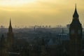 London skyline in 2007 at dusk with smog mist at sunset, evening