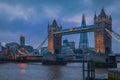 London skyline at night with Tower Bridge and the Shard