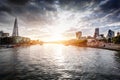 London skyline at sunset, England the UK. River Thames, the Shard, City Hall. Royalty Free Stock Photo