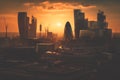 London skyscrapers at sunset. London, aerial view. Banking district in city center of United Kingdom, England, UK.